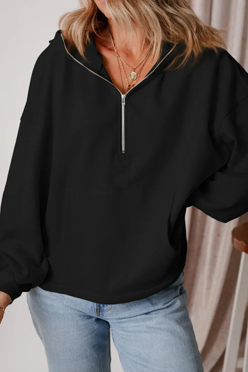 Hot Dear-Lover Fleece Lined Half Zipper Kangaroo Pockets Loose Hoodie Black