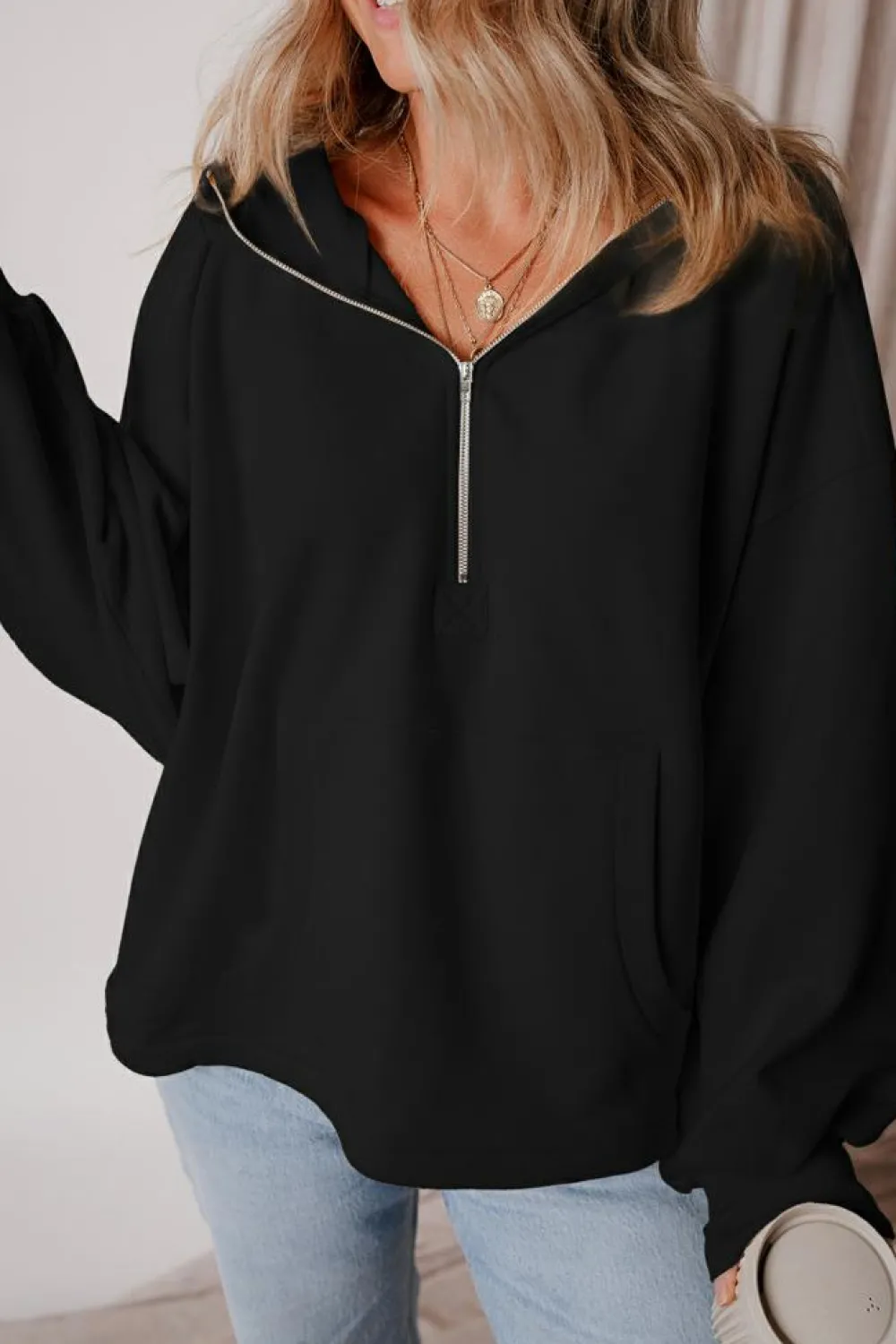 Hot Dear-Lover Fleece Lined Half Zipper Kangaroo Pockets Loose Hoodie Black