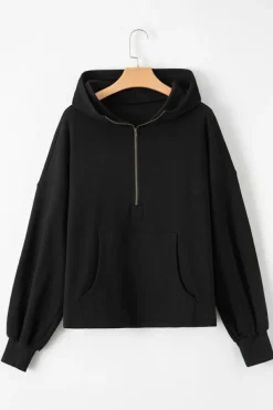 Hot Dear-Lover Fleece Lined Half Zipper Kangaroo Pockets Loose Hoodie Black