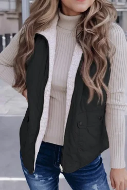 Sale Dear-Lover Fleece Lined Quilted Zip up Vest Coat Black