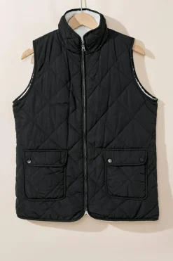 Sale Dear-Lover Fleece Lined Quilted Zip up Vest Coat Black