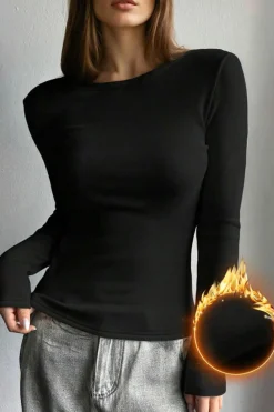 Sale Dear-Lover Fleece Lined Slim Fit Long Sleeve T Shirt Black