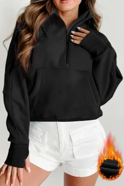 Clearance Dear-Lover Fleece Lined Zip Up Stand Collar Thumbhole Sleeve Sweatshirt Black