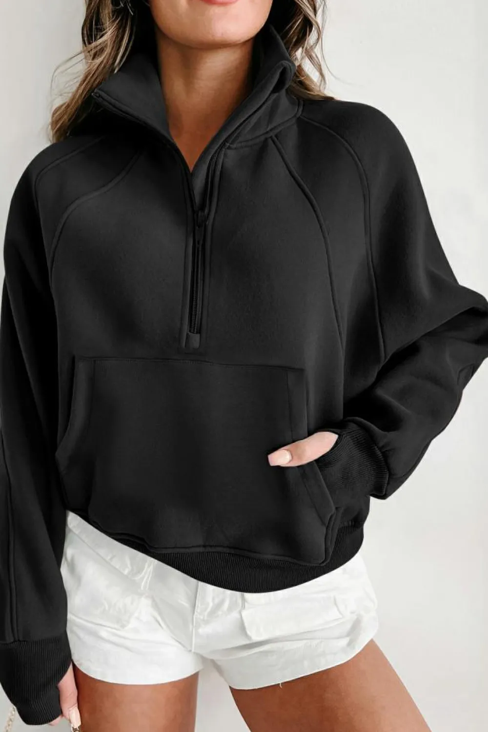 Clearance Dear-Lover Fleece Lined Zip Up Stand Collar Thumbhole Sleeve Sweatshirt Black