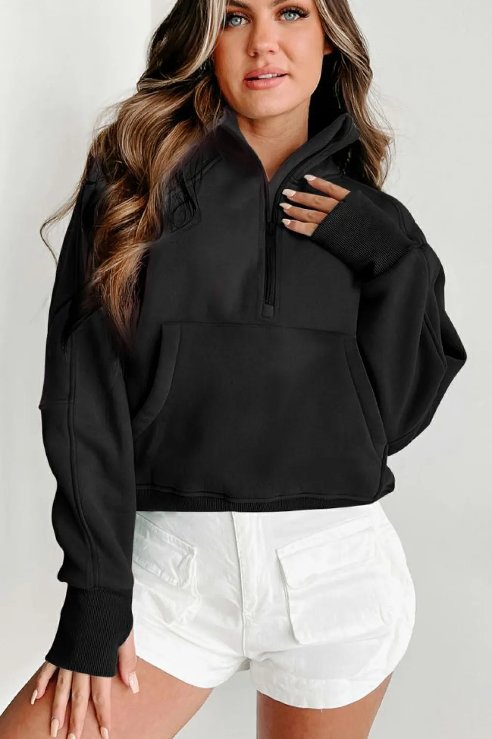 Clearance Dear-Lover Fleece Lined Zip Up Stand Collar Thumbhole Sleeve Sweatshirt Black