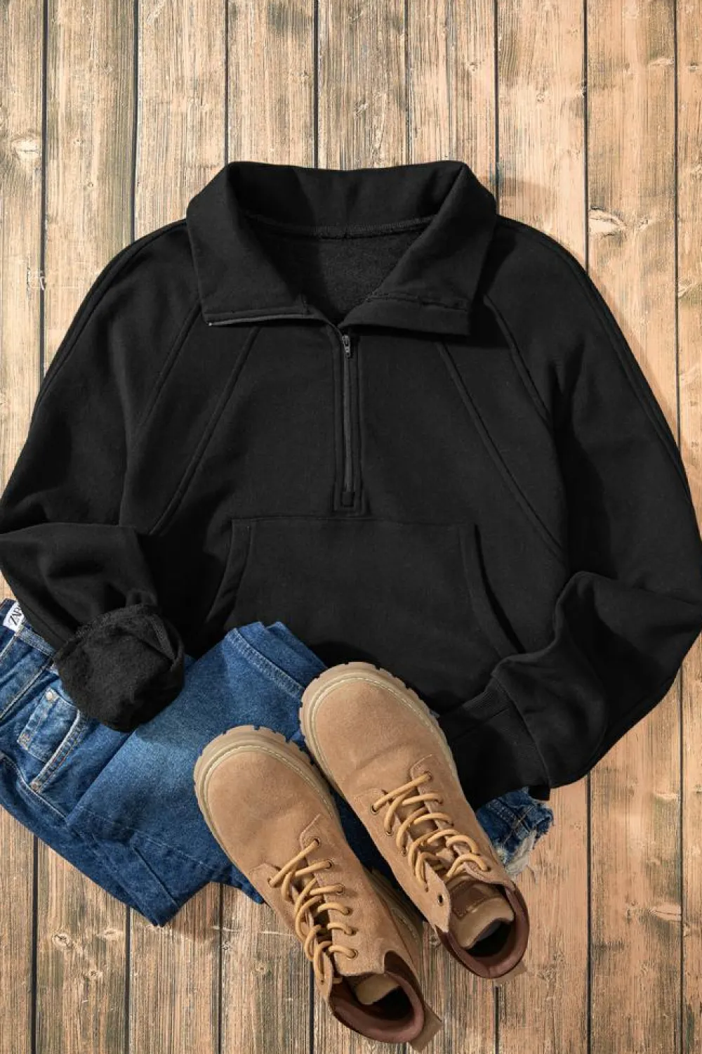 Clearance Dear-Lover Fleece Lined Zip Up Stand Collar Thumbhole Sleeve Sweatshirt Black