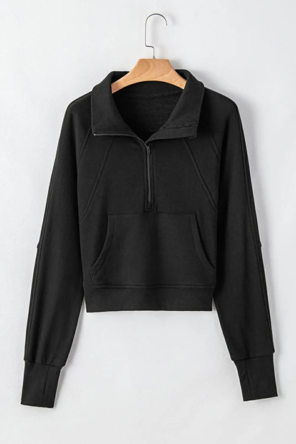 Clearance Dear-Lover Fleece Lined Zip Up Stand Collar Thumbhole Sleeve Sweatshirt Black