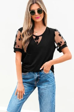Discount Dear-Lover Flora Lace Patchwork Crew Neck T Shirt Black