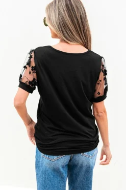 Discount Dear-Lover Flora Lace Patchwork Crew Neck T Shirt Black