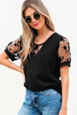 Discount Dear-Lover Flora Lace Patchwork Crew Neck T Shirt Black
