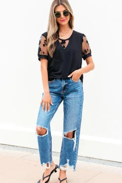 Discount Dear-Lover Flora Lace Patchwork Crew Neck T Shirt Black