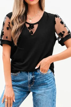 Discount Dear-Lover Flora Lace Patchwork Crew Neck T Shirt Black