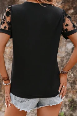 Discount Dear-Lover Flora Lace Patchwork Crew Neck T Shirt Black