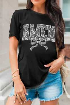Clearance Dear-Lover Floral AMEN Bow Printed T Shirt Black