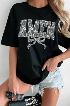 Clearance Dear-Lover Floral AMEN Bow Printed T Shirt Black