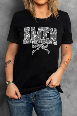 Clearance Dear-Lover Floral AMEN Bow Printed T Shirt Black