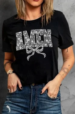 Clearance Dear-Lover Floral AMEN Bow Printed T Shirt Black