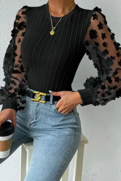 Fashion Dear-Lover Floral Applique Mesh Sleeves Textured Knit Blouse Black