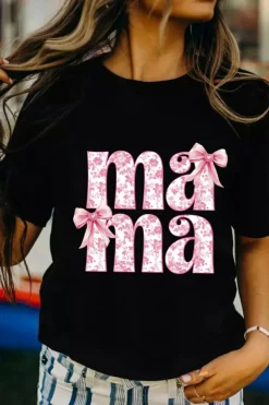 Fashion Dear-Lover Floral Bow Mama Graphic Crewneck Tee Black