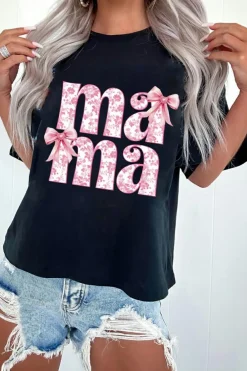 Fashion Dear-Lover Floral Bow Mama Graphic Crewneck Tee Black