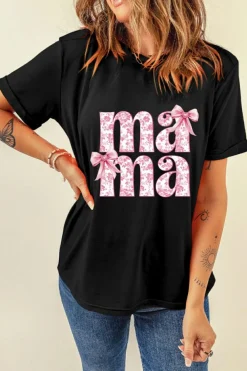 Fashion Dear-Lover Floral Bow Mama Graphic Crewneck Tee Black