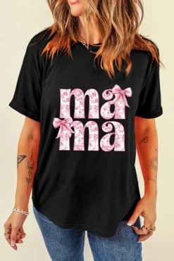 Fashion Dear-Lover Floral Bow Mama Graphic Crewneck Tee Black