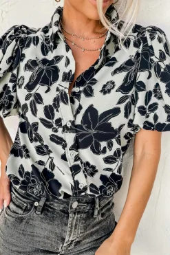 Clearance Dear-Lover Floral Bubble Sleeve Casual Shirt Black