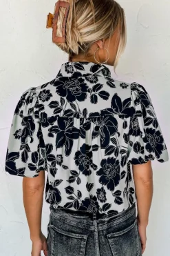 Clearance Dear-Lover Floral Bubble Sleeve Casual Shirt Black