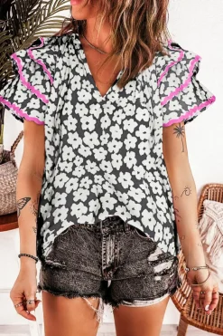 Online Dear-Lover Floral Contrast Ric Rac Layered Ruffle Sleeve Blouse Black