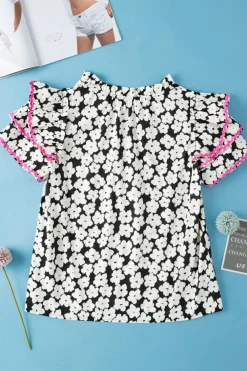 Online Dear-Lover Floral Contrast Ric Rac Layered Ruffle Sleeve Blouse Black