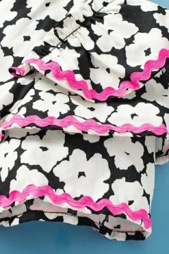 Online Dear-Lover Floral Contrast Ric Rac Layered Ruffle Sleeve Blouse Black