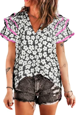 Online Dear-Lover Floral Contrast Ric Rac Layered Ruffle Sleeve Blouse Black