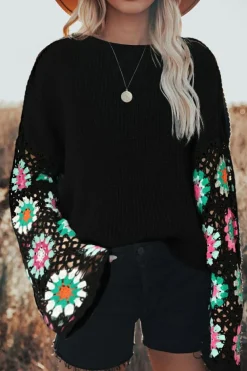 New Dear-Lover Floral Crochet Bell Sleeve Loose Sweater Black