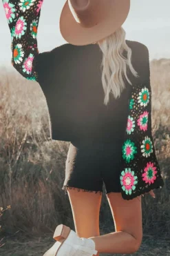 New Dear-Lover Floral Crochet Bell Sleeve Loose Sweater Black