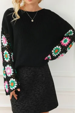 New Dear-Lover Floral Crochet Bell Sleeve Loose Sweater Black