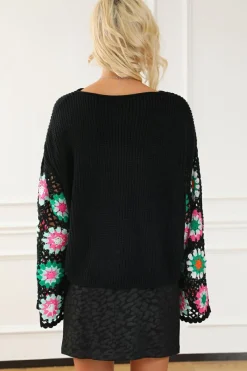 New Dear-Lover Floral Crochet Bell Sleeve Loose Sweater Black