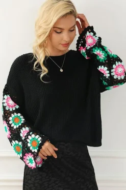New Dear-Lover Floral Crochet Bell Sleeve Loose Sweater Black