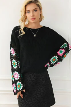 New Dear-Lover Floral Crochet Bell Sleeve Loose Sweater Black