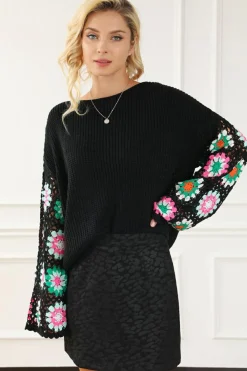 New Dear-Lover Floral Crochet Bell Sleeve Loose Sweater Black