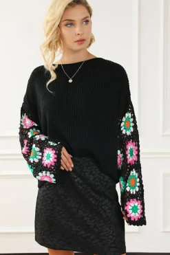 New Dear-Lover Floral Crochet Bell Sleeve Loose Sweater Black