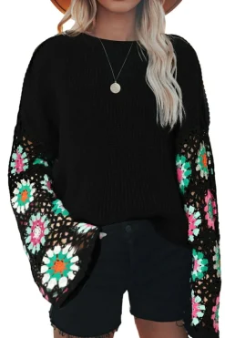 New Dear-Lover Floral Crochet Bell Sleeve Loose Sweater Black