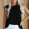 Discount Dear-Lover Floral Crochet Patched Sleeve Crew Neck Casual Tank Top Black