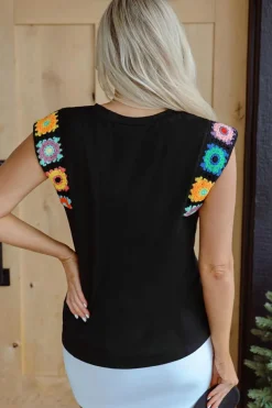 Discount Dear-Lover Floral Crochet Patched Sleeve Crew Neck Casual Tank Top Black
