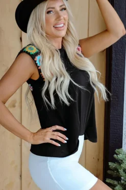 Discount Dear-Lover Floral Crochet Patched Sleeve Crew Neck Casual Tank Top Black