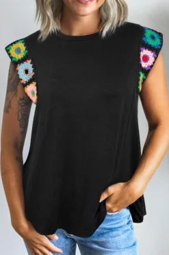Discount Dear-Lover Floral Crochet Patched Sleeve Crew Neck Casual Tank Top Black
