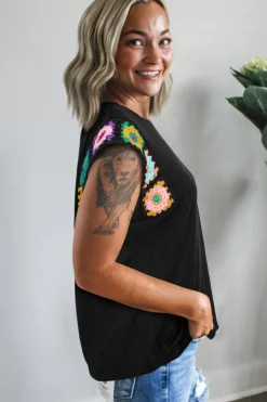 Discount Dear-Lover Floral Crochet Patched Sleeve Crew Neck Casual Tank Top Black