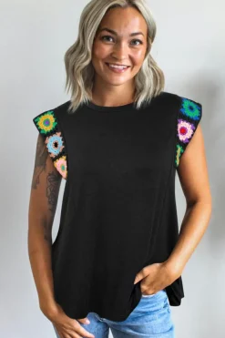 Discount Dear-Lover Floral Crochet Patched Sleeve Crew Neck Casual Tank Top Black