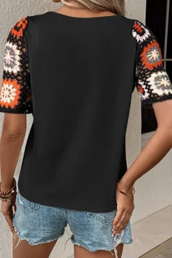 Best Dear-Lover Floral Crochet Short Sleeve Top Black