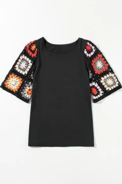 Best Dear-Lover Floral Crochet Short Sleeve Top Black