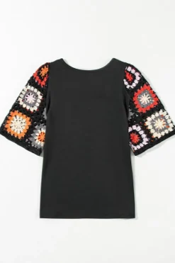 Best Dear-Lover Floral Crochet Short Sleeve Top Black
